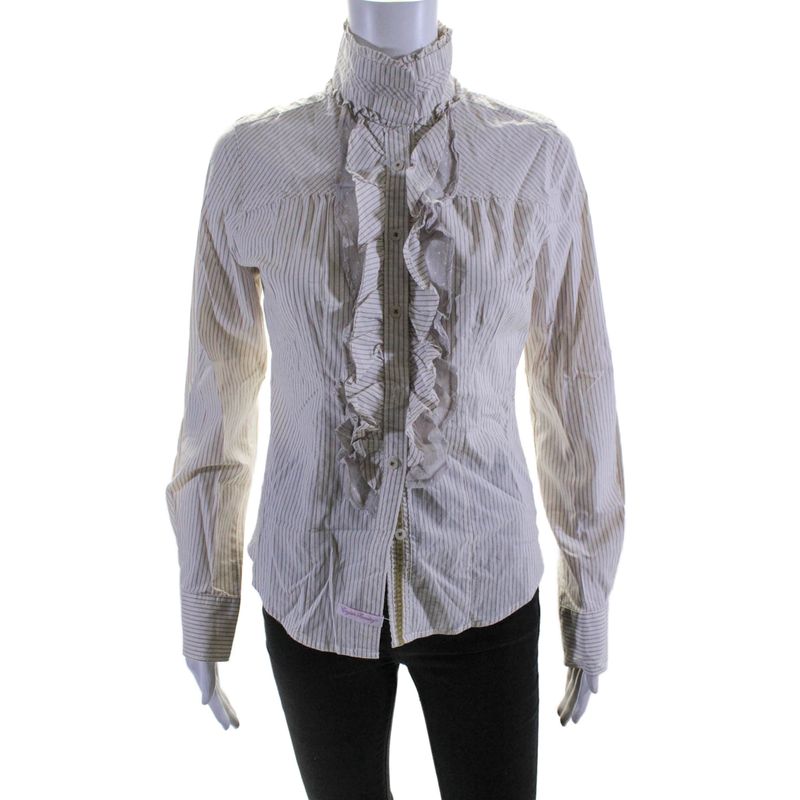 English Laundry Womens Button Front Collared Striped Shirt White Brown Small